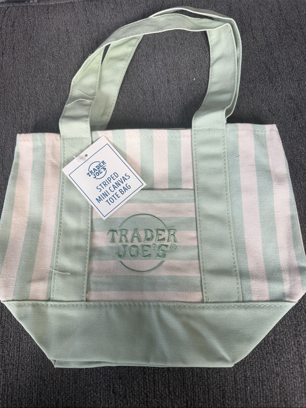 Trader Joe's Mint Green & Cream Striped Mini Canvas Tote